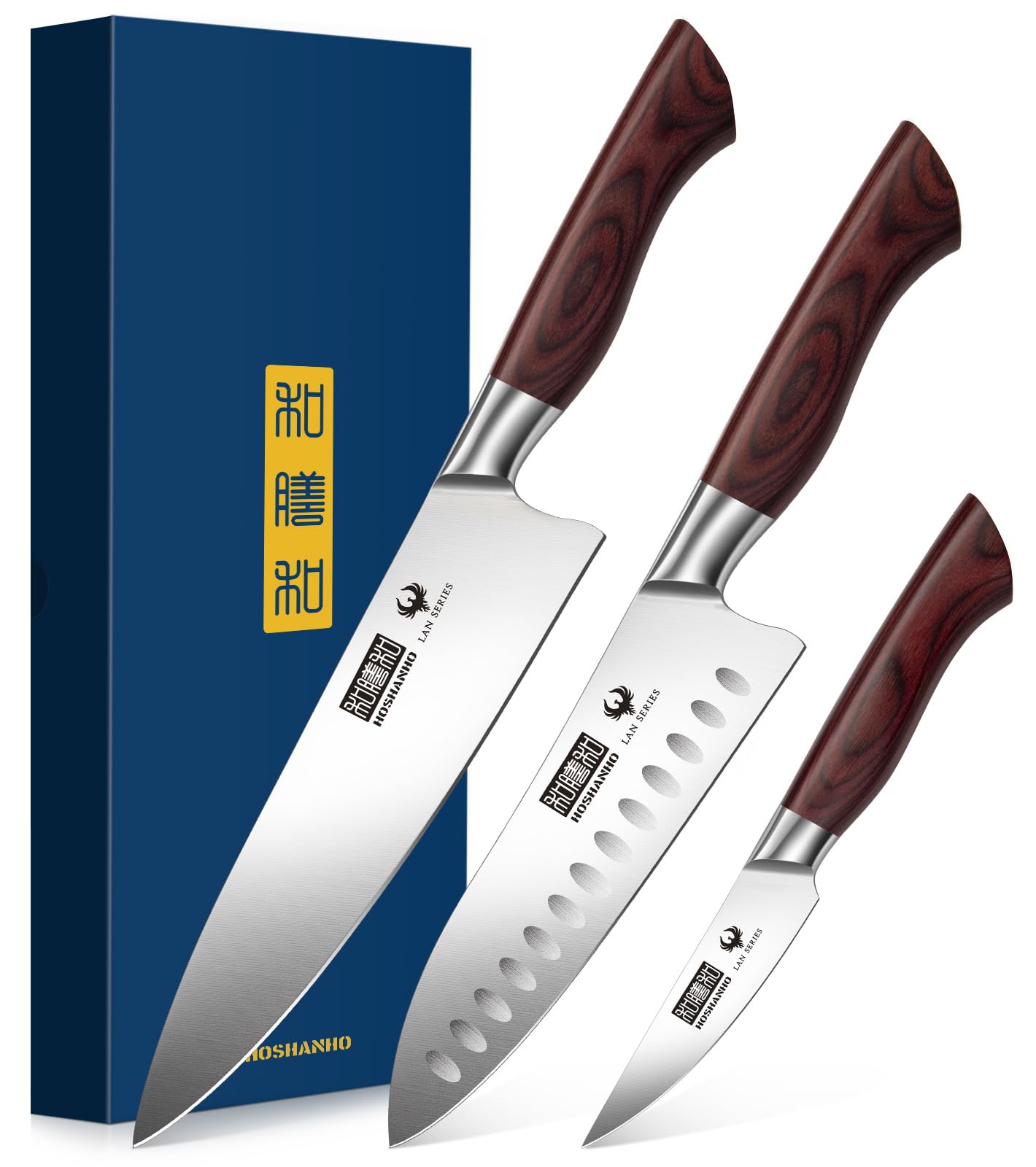 HOSHANHO 3-Piece Kitchen Knife Set, Ultra Sharp Chef/Santoku/Paring Knives,Professional High Carbon Steel Knives with Ergonomic Handle, Ideal Cooking Gift Set