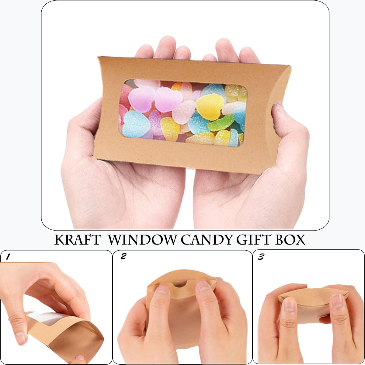 100 Pcs Pillow Gift Boxes with Windows,Kraft Paper Mini Pillow Packaging Box, Creative Favor Box Folding Treat Boxes with Clear Window for Bakery Candy Chocolate Jewelry Display Wedding Party Favor (kraft 100Pcs)