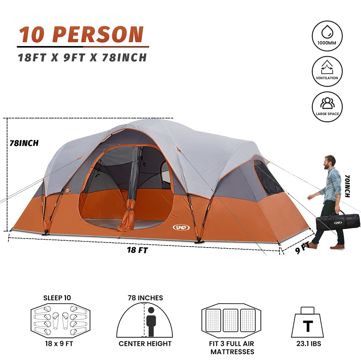 UNP Camping Tent 10-Person-Family Tents, Big, Easy Up, 5 Large Mesh Windows, Double Layer, 2 Room, Waterproof, Weather Resistant, 18ft x 9ft x78in (Orange)