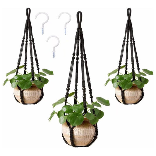 AKEIE Macrame Plant Hanger 3 Pack Indoor & Outdoor Wall Hanging Planter + 3 Hooks Hanging Planters Basket Cotton Rope 35 Inch with Beaded and Non-Tassel Planter Durable(Black)