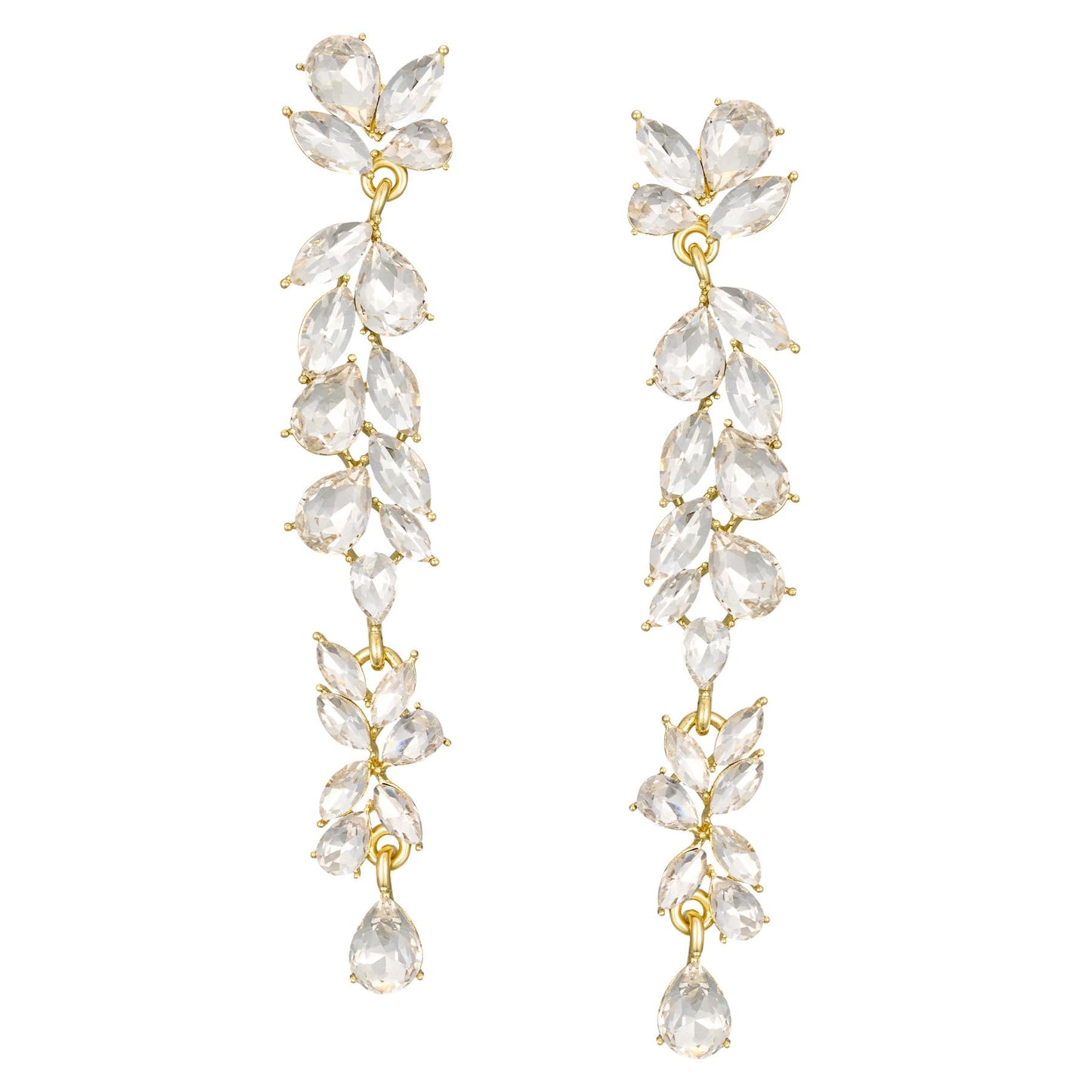 SWEETV Long Gold Rhinestone Dangle Earrings for Women, Wedding Bridal Earrings for Brides, Crystal Chandelier Drop Earrings for Prom or Pageant