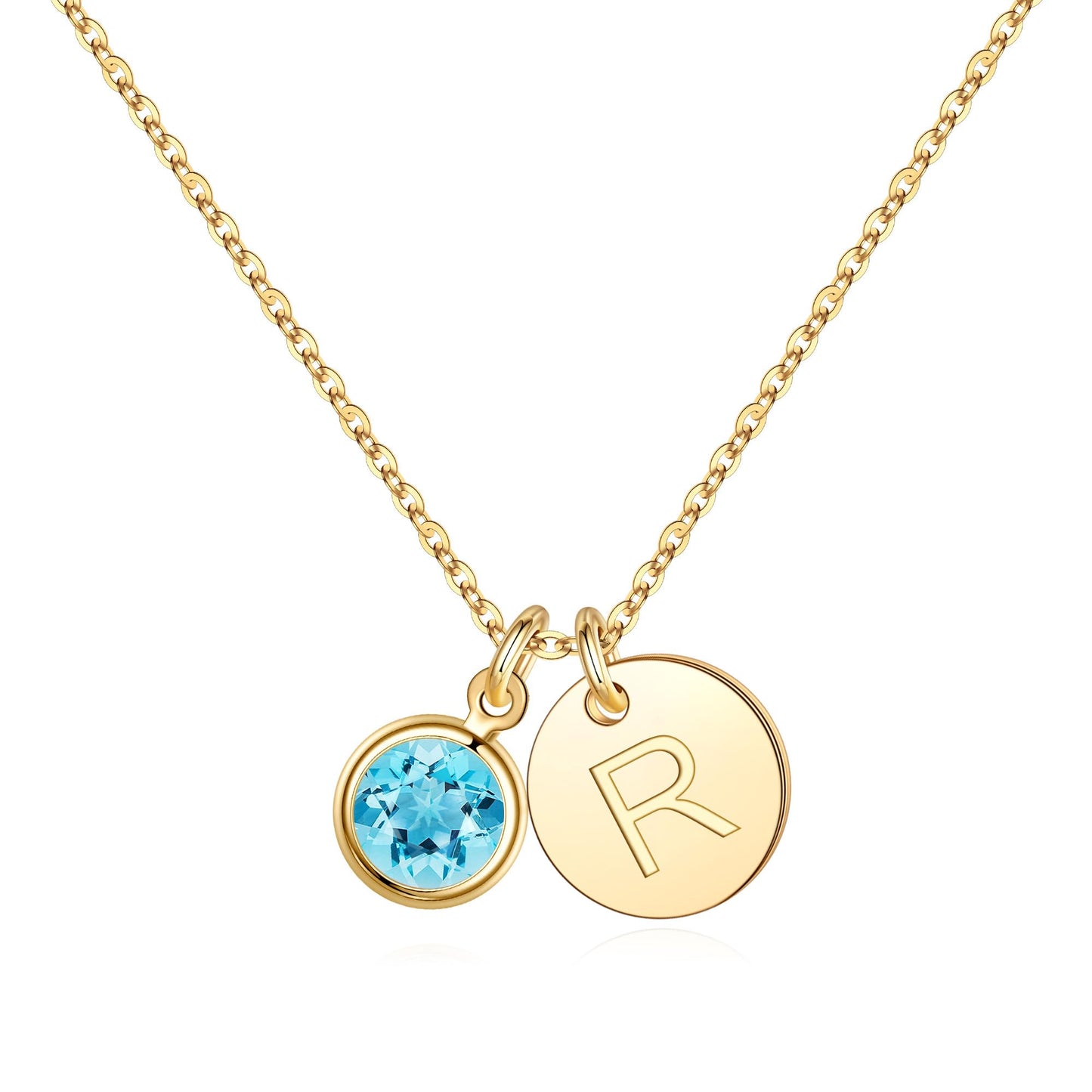 Hidepoo Initial Birthstone Necklace Gifts - Personalized Mothers Day Birthday Gift for Woman Wife Sister Grandma Mom, March Aquamarine Birthstone Jewelry for Women, Disc Letter R Necklaces
