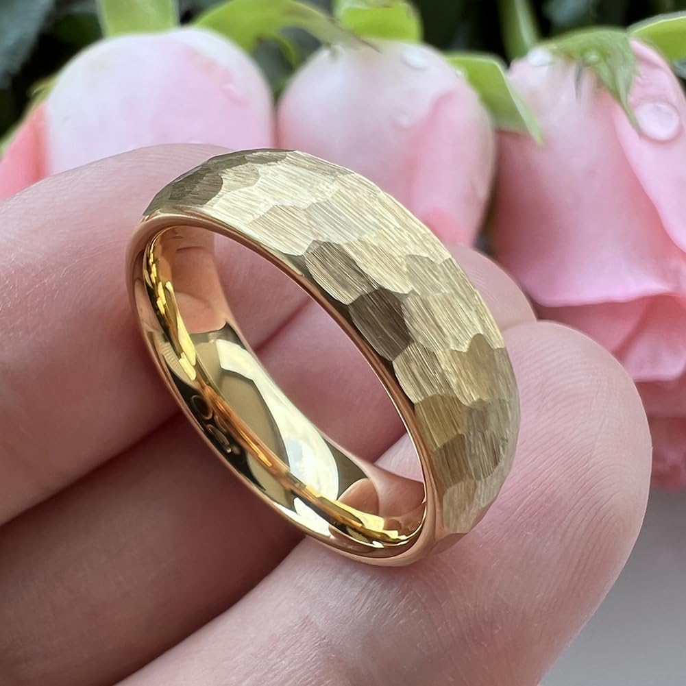 TUTISS 6mm Gold Hammered Tungsten Rings for Men Women Engagement Wedding Bands Domed Matte Finish Comfort Fit Size 6