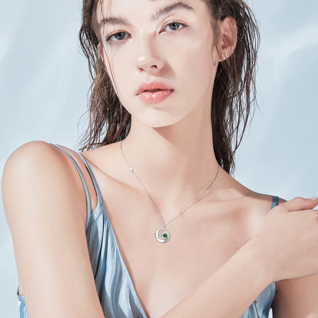 FANCIME Moon Star Necklace, Emerald May Birthstone Necklace for Women 925 Sterling Silver Pendant Green Fine Jewelry Anniversary Birthday Mothers Day Gifts for Mom Women Daughter, Adjustable Chain 16"+2"