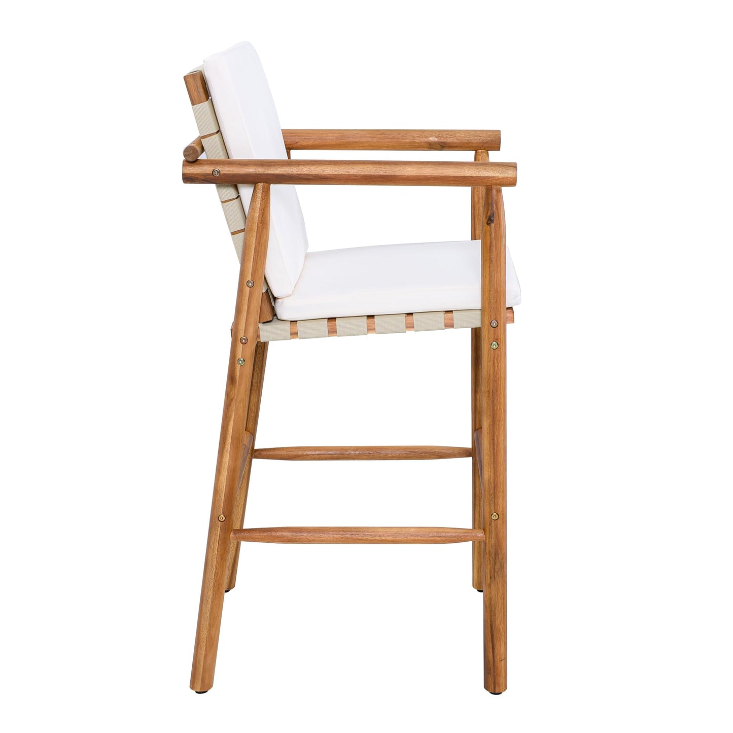 Trygoal Outdoor Bar Stool Set of 2, Patio Bar Chairs with High Back & Arms, Acacia Wood with Breathable Woven Seat, Adjustable Anti-Wobble Feet, for Garden/Deck/Pool, Beige Cushions Included