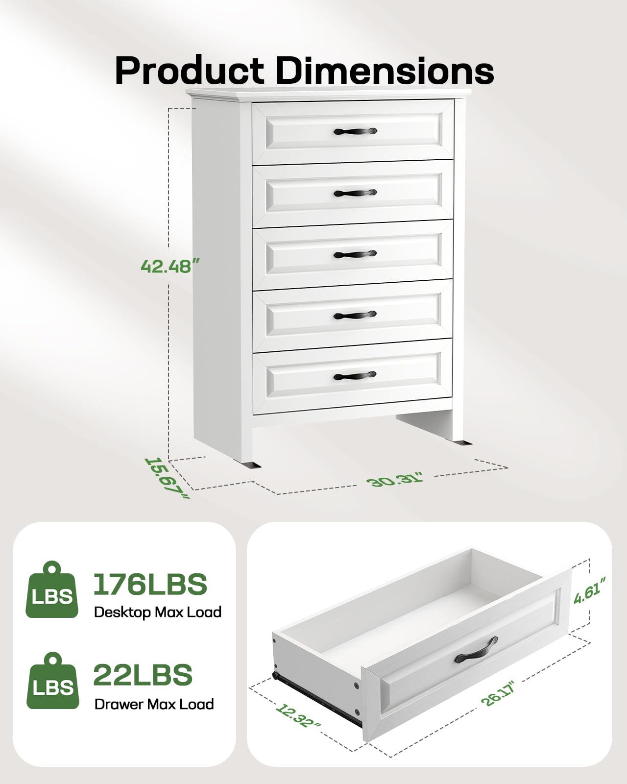 Marsail Farmhouse 5 Drawer Dresser, Wood Chest of Drawers with Natural Texture, Smooth Gliding Drawers, Versatile Storage Organizer Cabinet for Bedroom & Living Room, White
