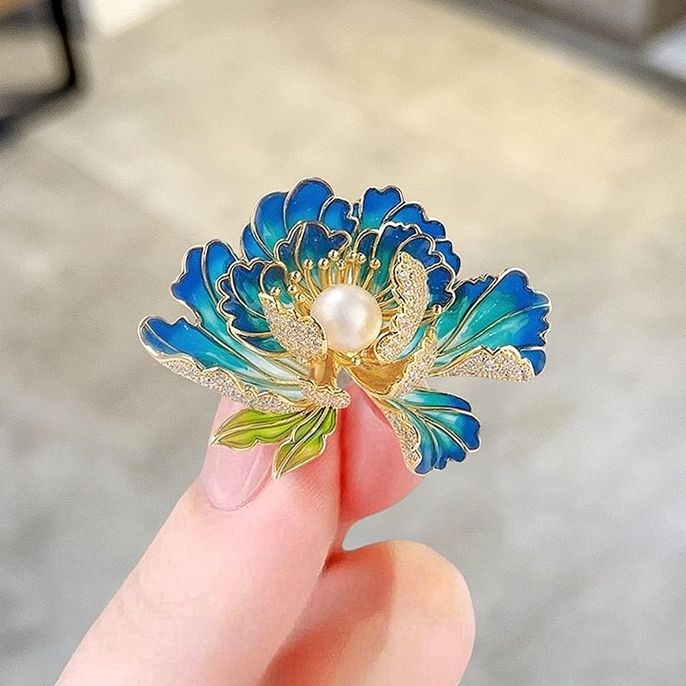 Dainty Flower Brooch Pins for Women Graceful Cubic Zircon Peony Pearl Enamel Badges Lapel Pins Trendy Banquet Prom Dress Jewelry Accessories Gift (Blue)