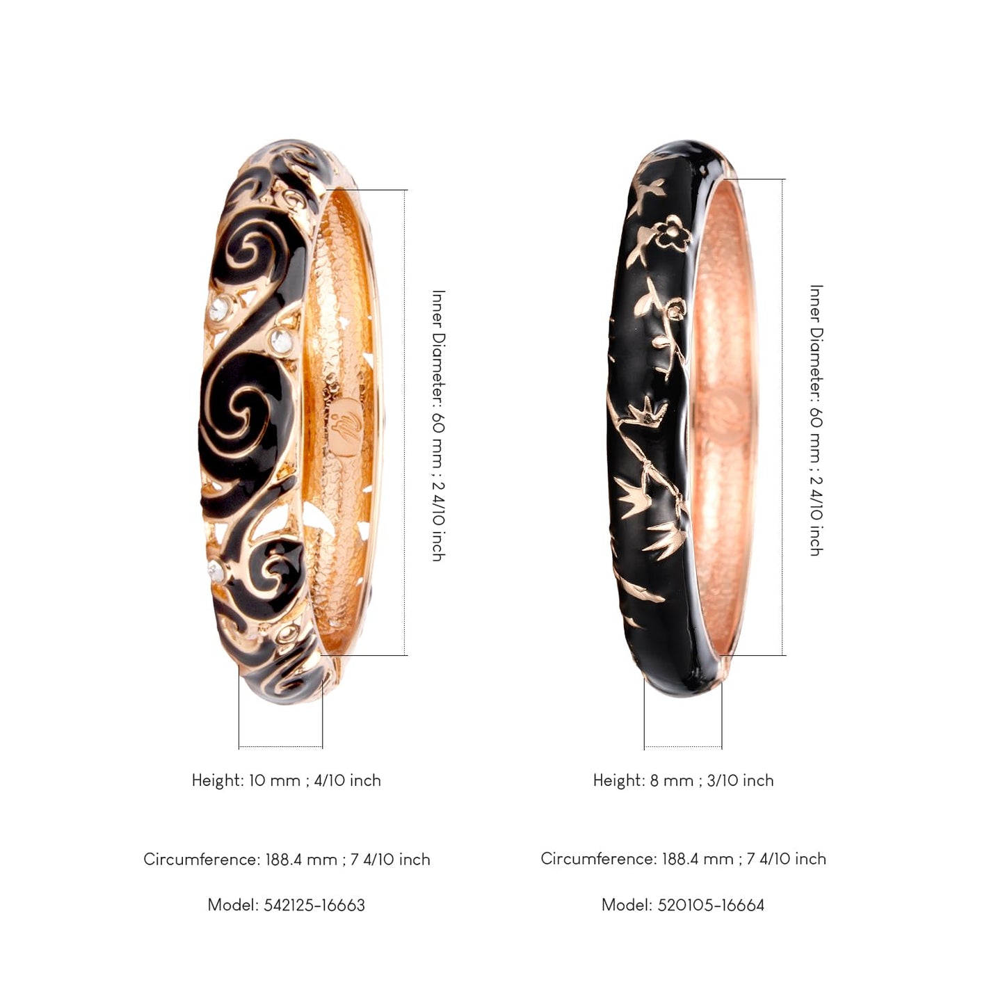 UJOY Vintage Cloisonne Jewelry Bracelet Plated Handmade Bead Rhinestones Enamel Spring Cuff Bangles 2 Pcs Set for Womens Gift 88A17-55A117 Black