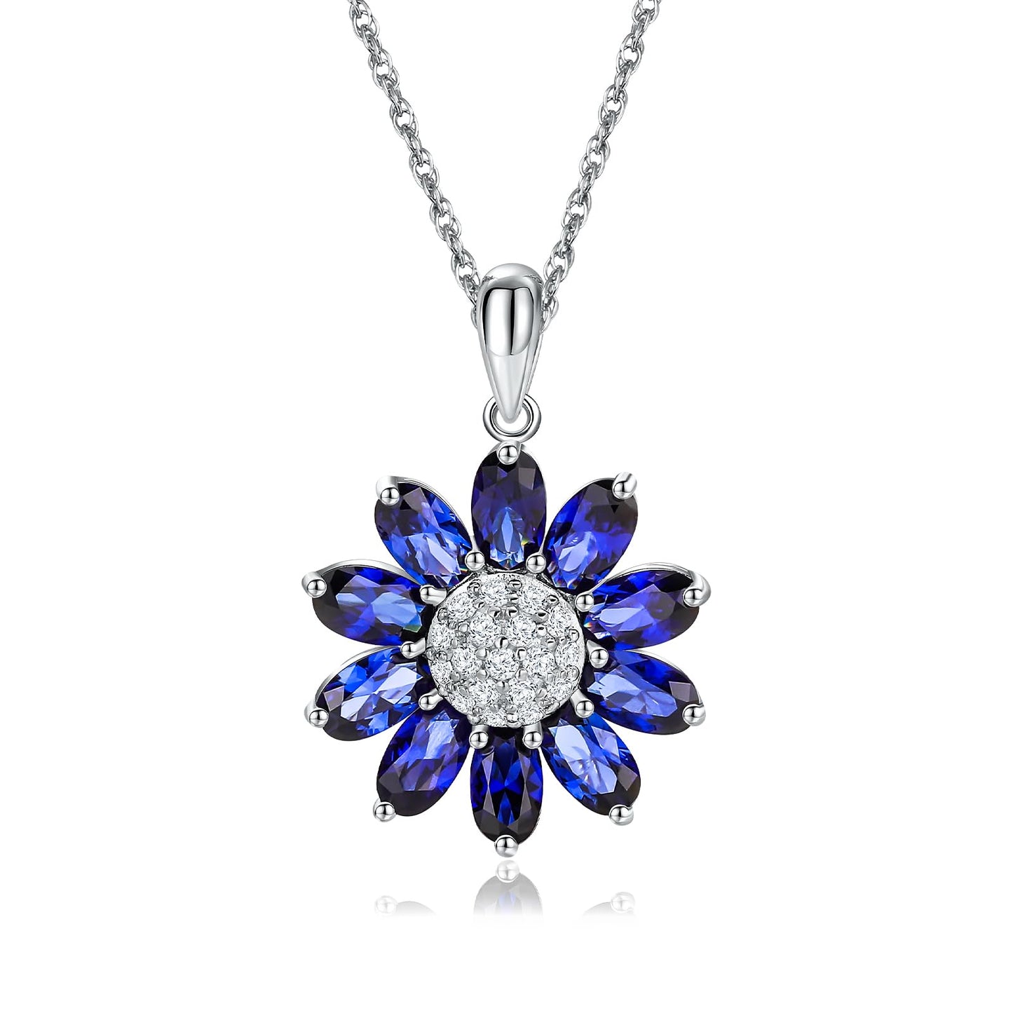 RANDES Sunflower Necklaces for Women 925 Sterling Silver Dainty Blue Sapphire Flower Necklace September Birthstone Necklace