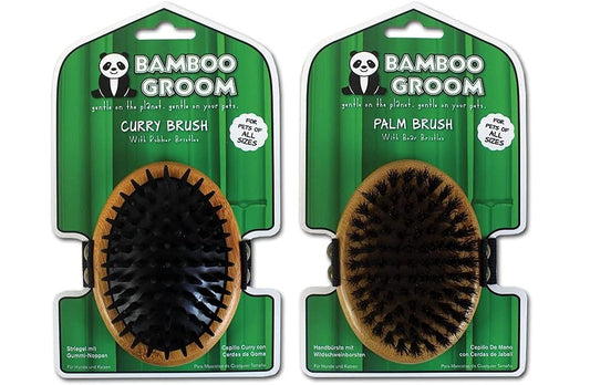 Alcott 2 Piece Bundle of Bamboo Groom Palm-Held Curry Brushes for Pets: Rubber and Boar Bristles