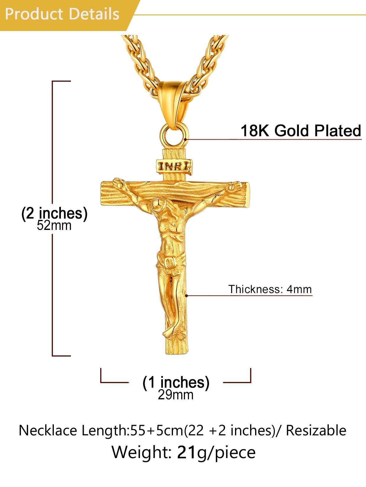 U7 Crucifix Cross Necklace 18K Gold Plated Crucifix Necklace Cross Pendant for Men with Rope Chain 26"(Gold)