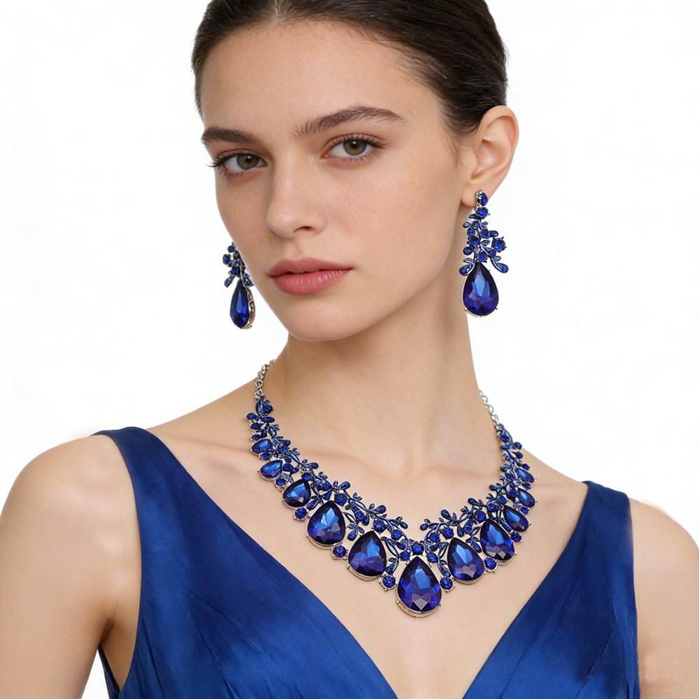 Qlavoca Vintage Crystal Teardrop Necklace Earrings Set - Gothic Statement Jewelry for Wedding Bridal Prom Party(Royal Blue Gold-Tone)