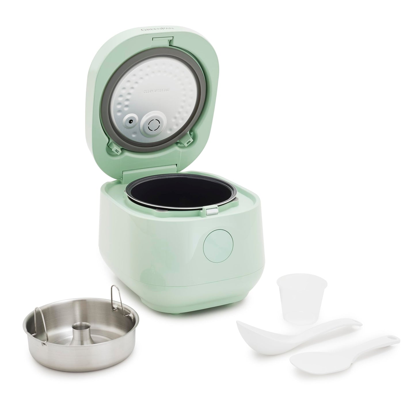 GreenPan Rice Cooker, 8 Cups Cooked (4 Uncooked), Low-Carb & Soup Mode,10 ONE-TOUCH Cooking Presets, PFAS-Free Ceramic Steamer Basket, Fuzzy Logic, Auto Keep Warm, Oats, 24HR Delay Timer, Mint Green
