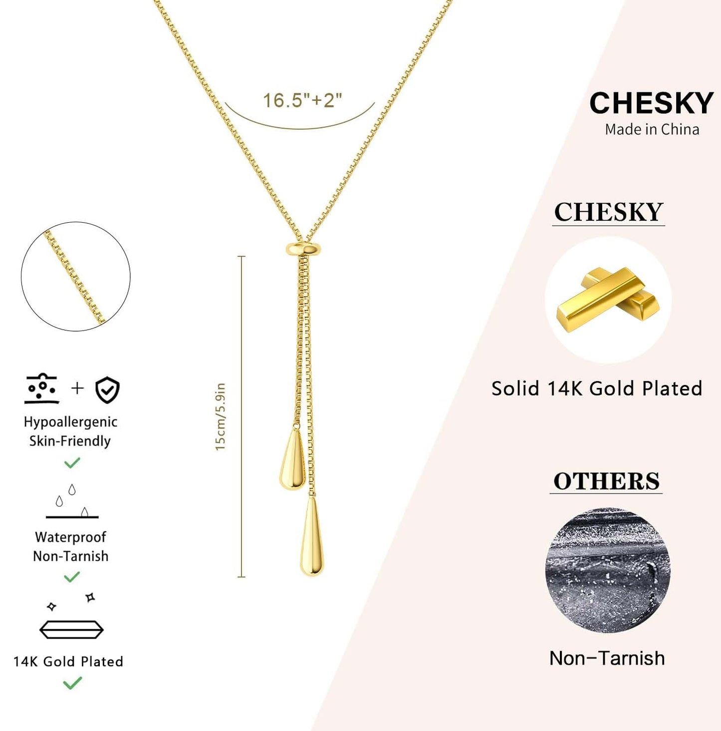 CHESKY Lariat Gold Necklace for Women, Dainty Long Necklace 14k Gold Plated Y-Shaped Pendant Necklace Trendy Large Water Droplet Chain Drop Necklaces Simple Gold Jewelry for Women Gifts
