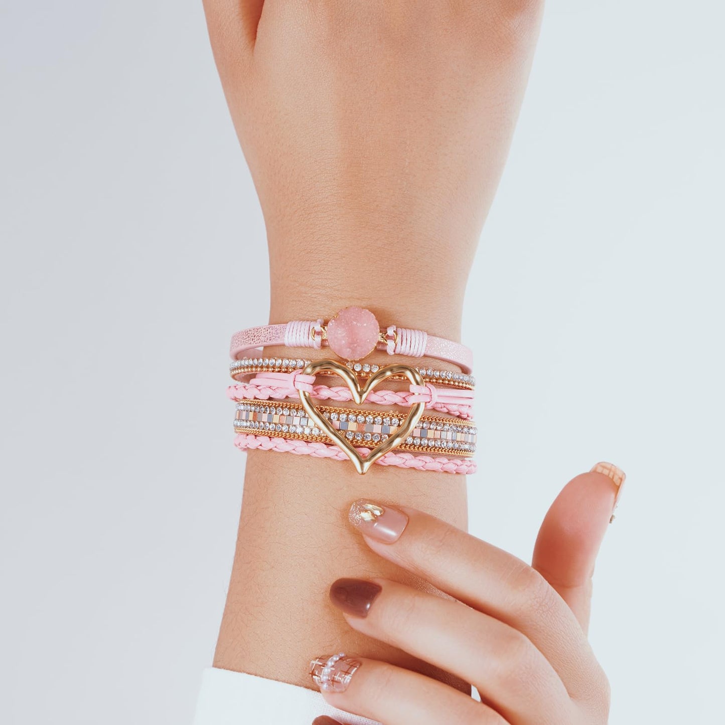 Becklynn Boho Leather Wrap Bracelets Beaded Crystal Stackable Cuff Bracelet with Magnetic Clasp Cowboy Cowgirl County Concert Outfits Western Jewelry Gifts for Women(Heart Pink)