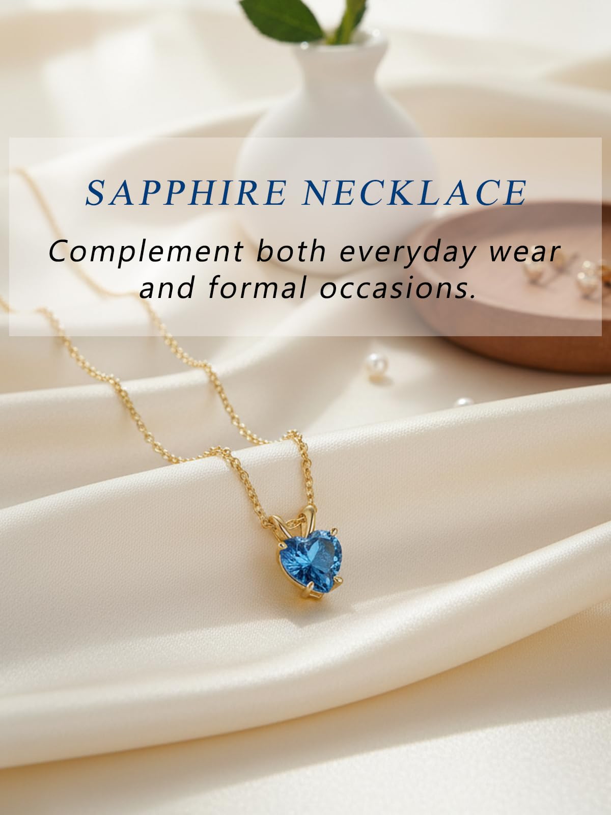 CYW 1 Carat Blue Sapphire Small Gold Heart Necklace for Women 925 Sterling Silver Solitaire Pendant Necklace