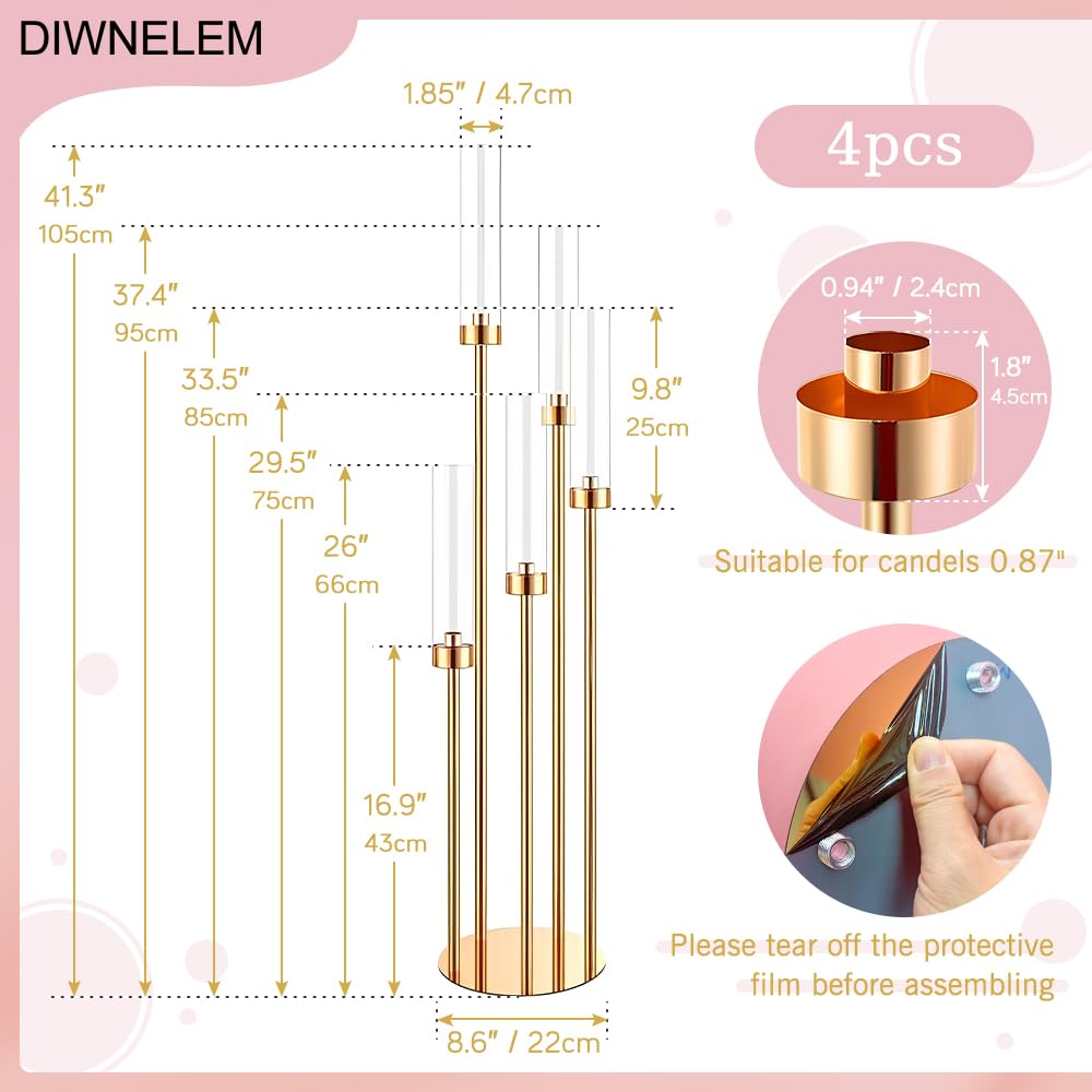 DIWNELEM 4 Pcs Gold Candelabra Centerpieces 5 Arm 42" Tall Metal Candle Holder Floor Candelabra Wedding Centerpieces Metal Candlestick Holders with Acrylic Removable Lampshade for Christmas Decoration"