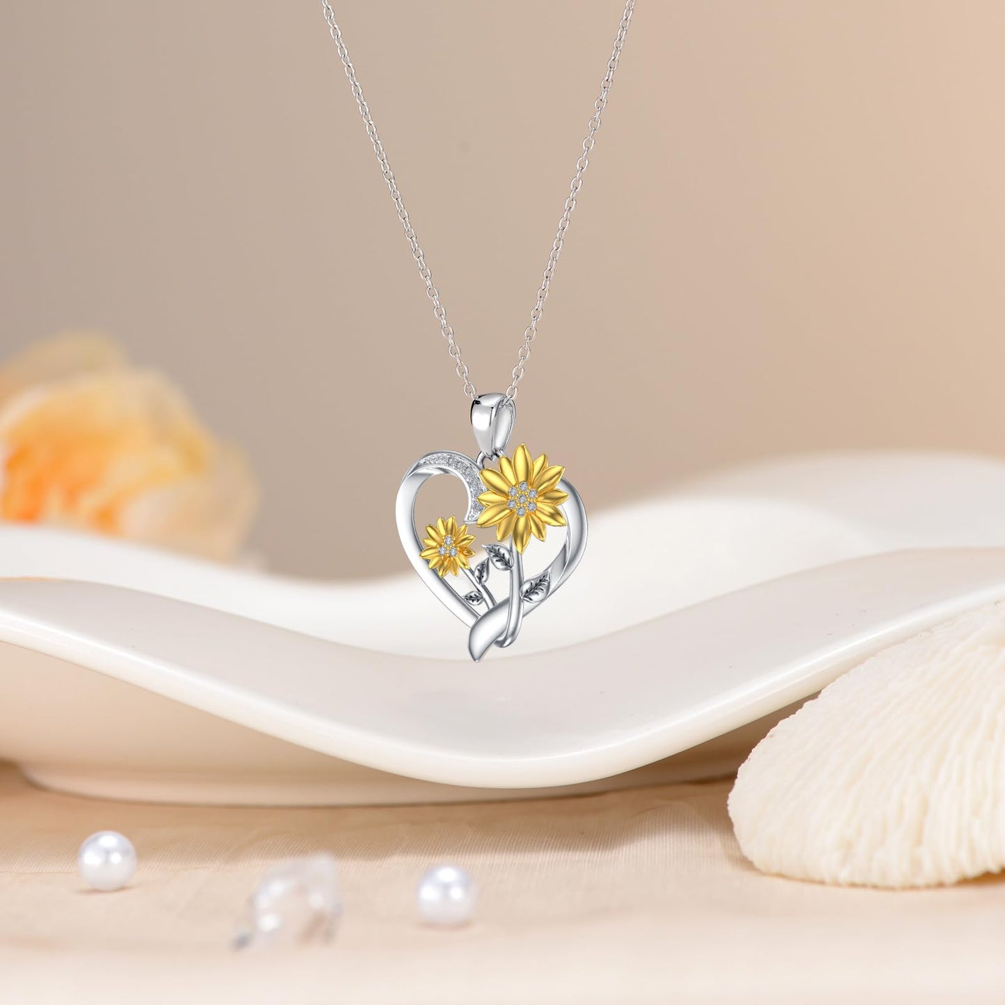 ZBA Sunflower Necklace for Women Silver Diamond Heart Pendant Jewelry, Anniversary Valentines Mothers Day Gifts for Mother Wife Her Mom