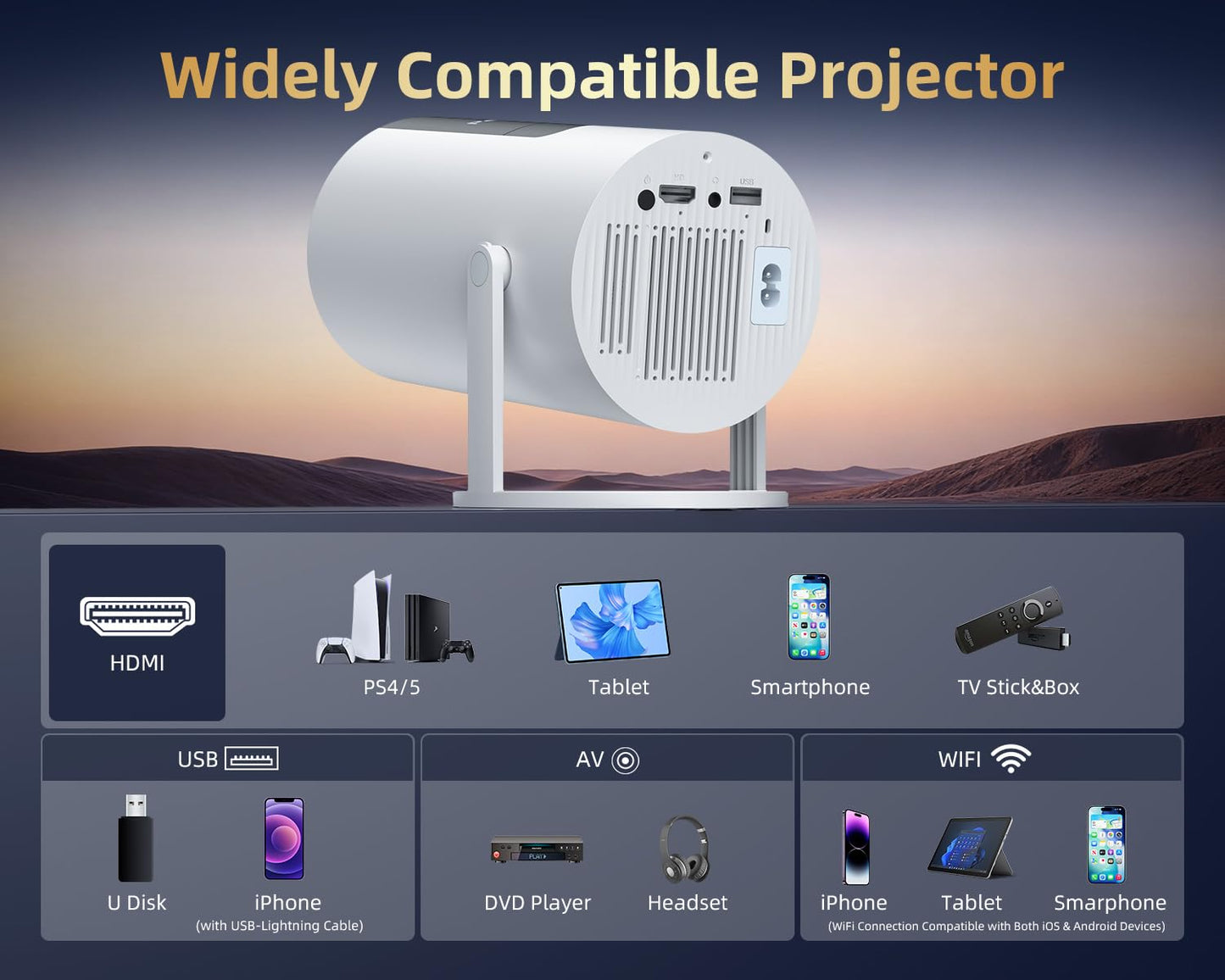 [320ANSI/Google Store/Voice Control] Smart Projector with WiFi and Bluetooth, 10,000+ Apps, Pericat 4K UHD Home Theater Portable Mini Movie Projector, Indoor & Outdoor Use [180° & Netflix-Compatible]