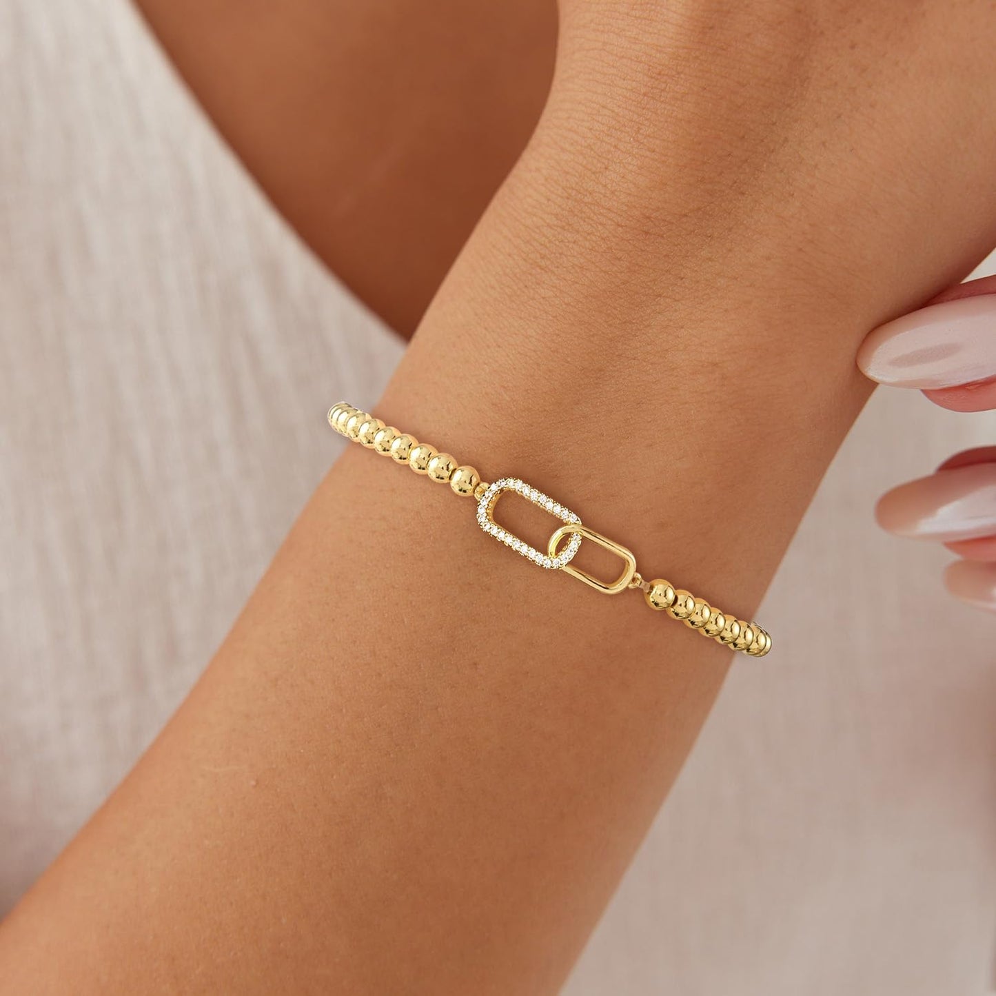 Beaded Bracelets for Women 14K Silver Gold Plated Stretch Handmade Ball Bracelets Cute Charm Bracelet Dainty Stackable Cross Heart Bow Wave CZ Circle Trendy Jewelry Easter Gifts (zirconia-square)