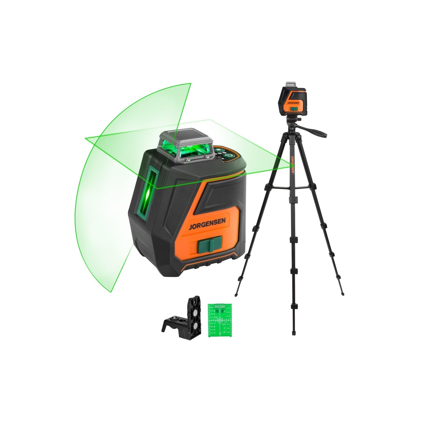 JORGENSEN 360° Laser Level with Tripod, 100 FT Rechargeable Self Leveling Cross Line Laser Leveler Tool with Magnetic Base, Wide Angle Green Laser Level for Picture Hanging, Floor Tile, Construction