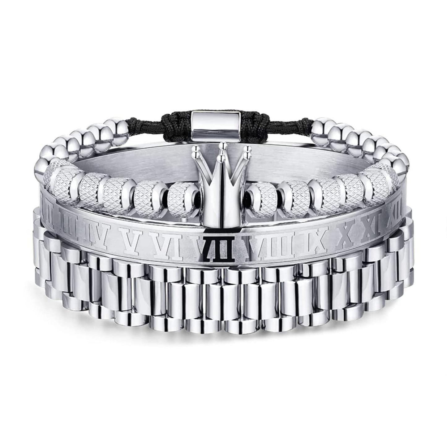 WFYOU 3PCS Stainless Steel Bracelets for Men Gold Roman Numeral Bangle Bracelet Twisted Cable Bracelet Adjustable Cuff Bracelet Mens Luxury Jewelry Bracelets Gifts(F:Silver)