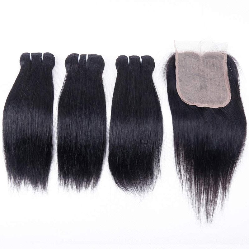 Brazilian Straight Human Hair Bundles with Closure(10 10 10+10) Straight 3 Bundles with Closure 50g 10A Unprocessed Straight Virgin Short Bob Hair Bundle Natural Black Color