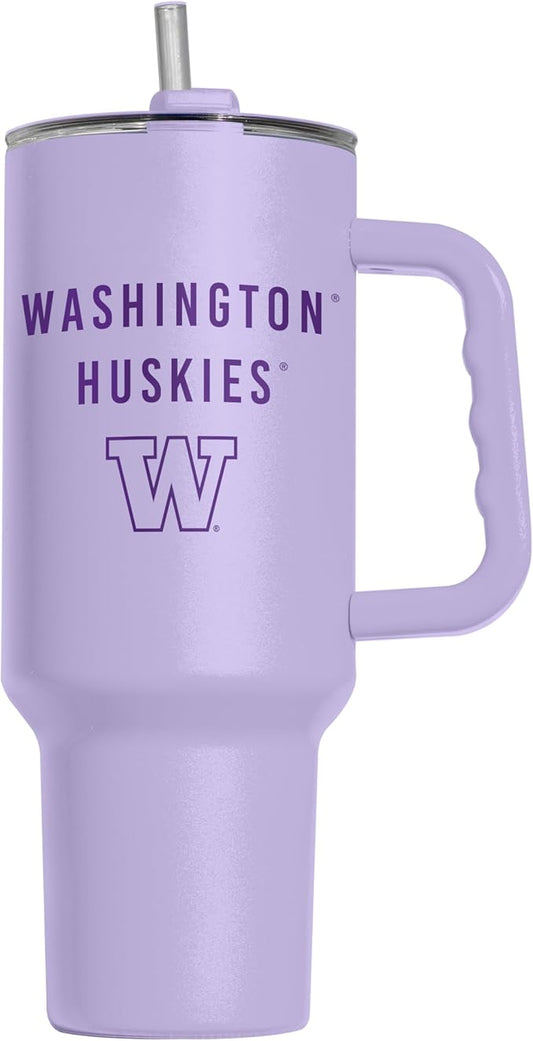 Logo Brands NCAA Washington Huskies Lavender 40 oz Tumbler with Handle - Stylish Everyday Use Powder Coated-Stainless Steel with Straw- Keeps Cold For Hours