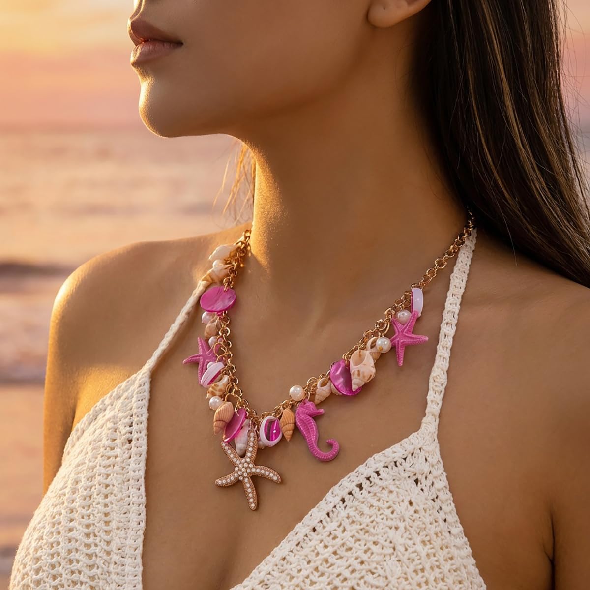 MIFYNN Starfish Shell Pendant Necklace for Women Conch Seahorse Charm Necklace Boho Beach Accessories Summer Tropical Ocean Jewelr Dainty Coastal Jewelry for Women Summer Birthday Gift (Pink)