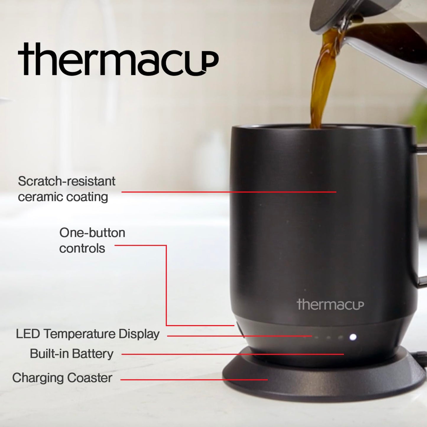 THERMACUP Premium Heated Coffee Mug with 5 Temperature Settings, Industry-Leading Smart Electric Cup, Up to 8-Hour Battery, 12oz with Lid (14oz Total Capacity) Midnight Black