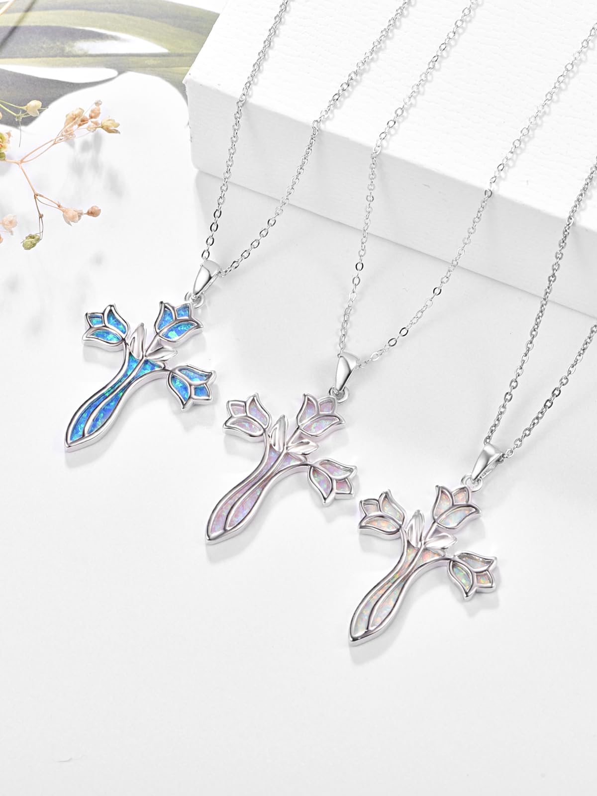 Dreamboat Opal Cross Necklace for Women Sterling Silver Cross Pendant Christian Necklace Tulip Rose Pink Opal Faith Confirmation Gifts Religious Jewelry for Mom