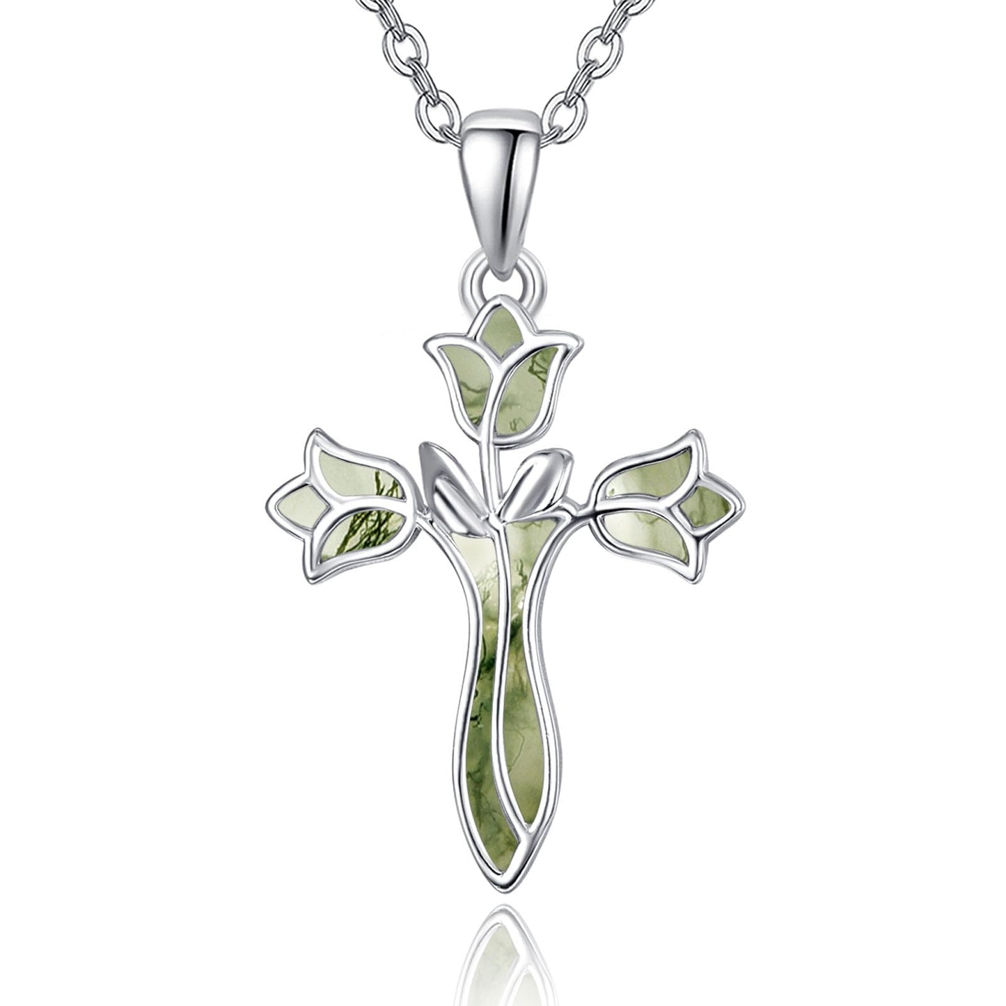 Dreamboat Cross Necklace for Women Sterling Silver Cross Pendant Christian Necklace Tulip Rose Moss Agate Faith Confirmation Gifts Religious Jewelry for Mom