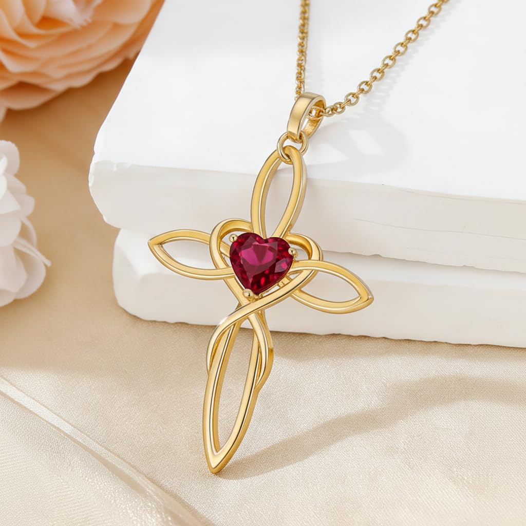 POIUY Celtic Knot Cross Birthstone Necklace for Women Dainty Irish Infinity Heart Pendant Cross Jewelry Anniversary Valentines Birthday Mothers Day Gifts for Mom Wife Her