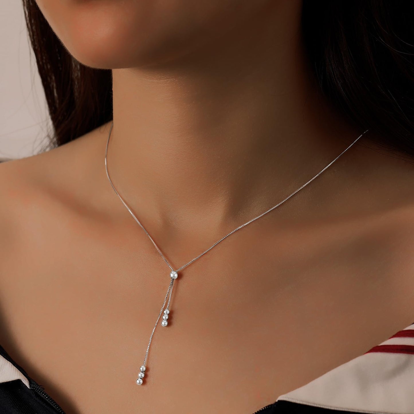 UTISUVIKO Lariat Gold Necklace for Women S925 Sterling Silver Dainty Layered Bead Necklaces Adjustable Y-Shaped Tassel Round Beaded Pendant Long Chain Necklace for Wedding Mother's Day Jewelry(Silver)