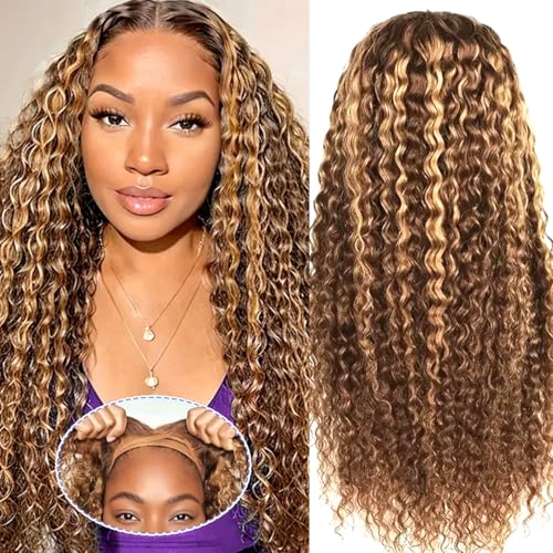 Ombre Highlight Wear and Go Glueless Wigs Human Hair Pre Plucked Pre Cut Deep Wave Lace Front Wigs Human Hair Wigs 4x4 Lace Closure Wigs Human Hair 180% Density Curly Wigs Human Hair Wigs 22 Inch