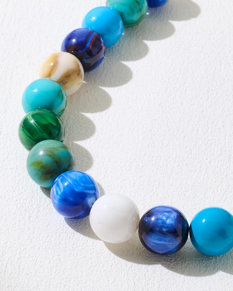 FAUTHENTICUTE Blue Beaded Choker Necklace for Women Boho Chunky Statement Necklace with Blue and Green Round Resin Beads Summer Beach Jewelry Gifts