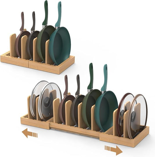 Expandable Pot Lid Organizer, Bamboo Pot and Pan Organizer for Under Cabinet, 16" to 28" Adjustable Length and 8pcs Dividers