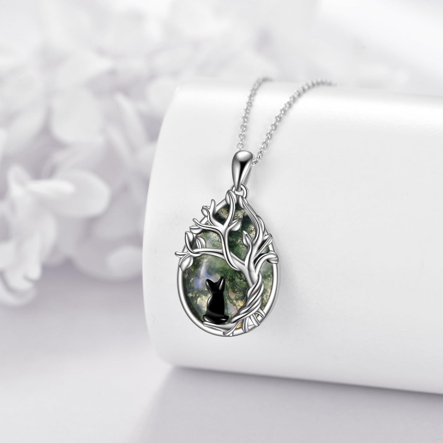 POPLYKE Moss Agate Tree of Life Black Cat Necklace for Women 925 Sterling Silver Family Tree Pendant Jewelry Birthday Gifts