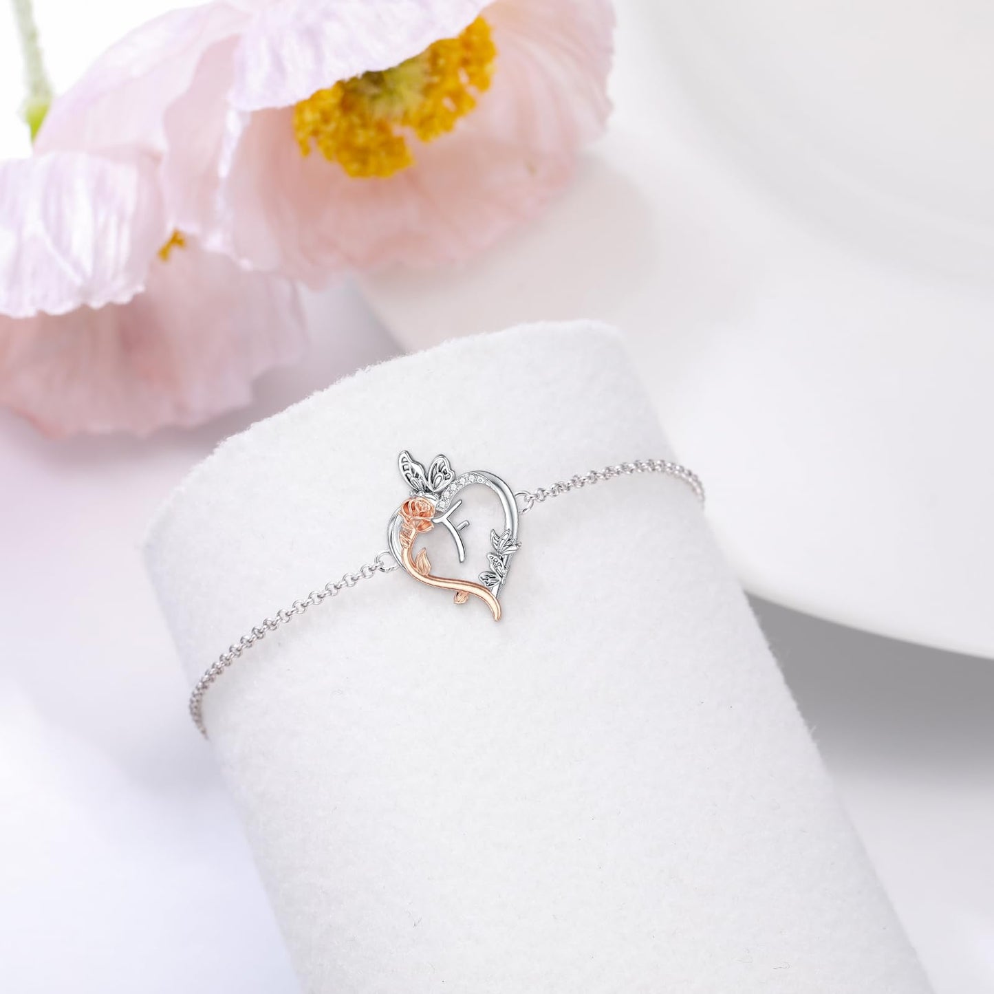 TOUPOP Rose Heart Bracelet for Women Sterling Silver Heart Initial F Letter Bracelet Butterfly Love Jewelry Anniversary Birthday Mothers Day Gifts for Mom Wife Her Girlfriend