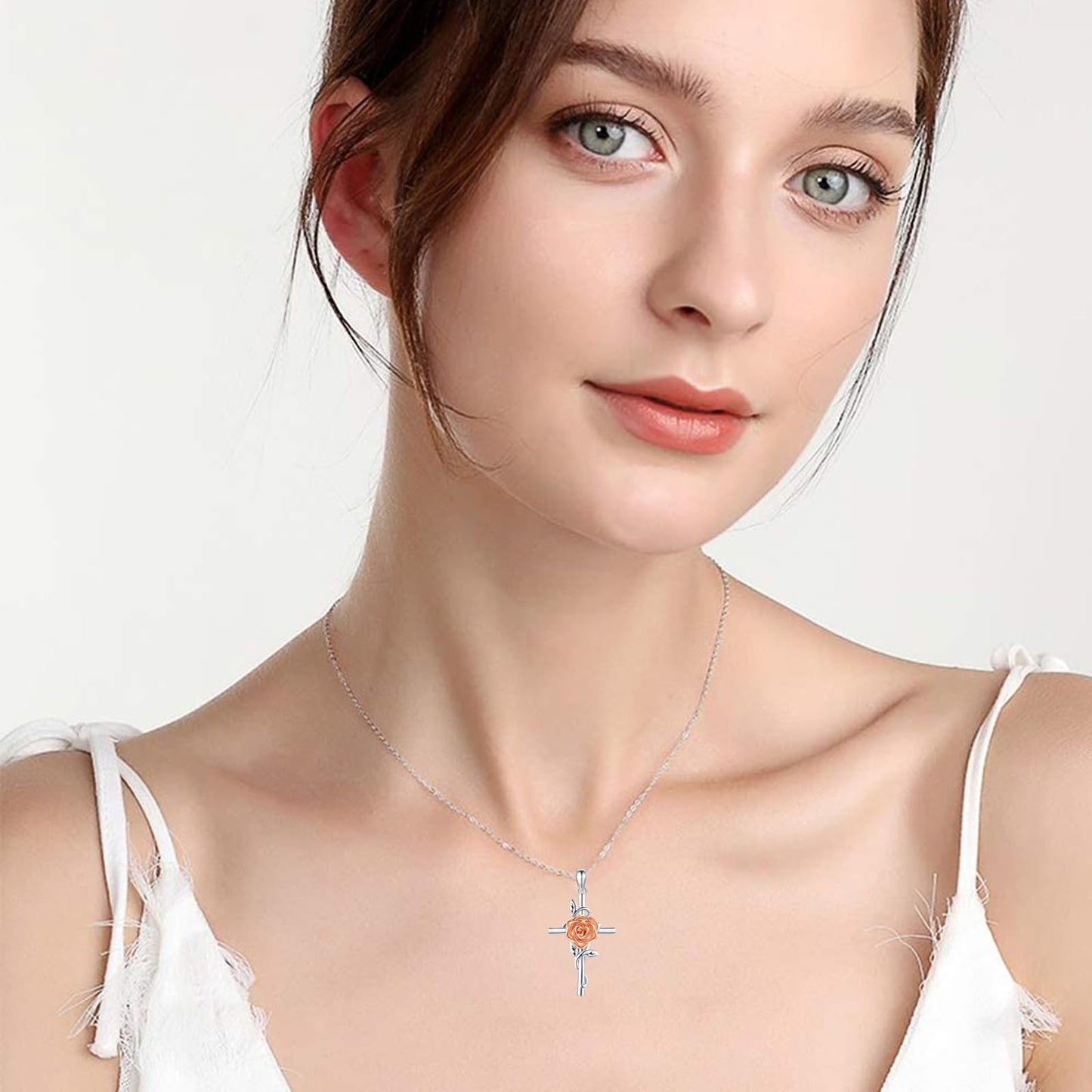 Flower Cross Necklace 925 Sterling Silver Rose Cross Necklace Birth Flower Jewelry for Women