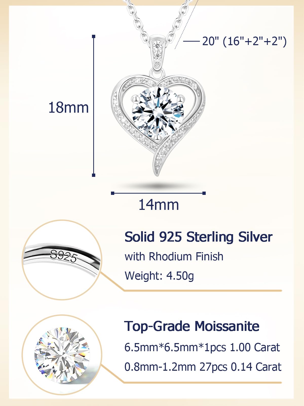 CYW 1 Carat Moissanite Heart 925 Sterling Silver Pendant Sparkle Necklace for Women Valentine