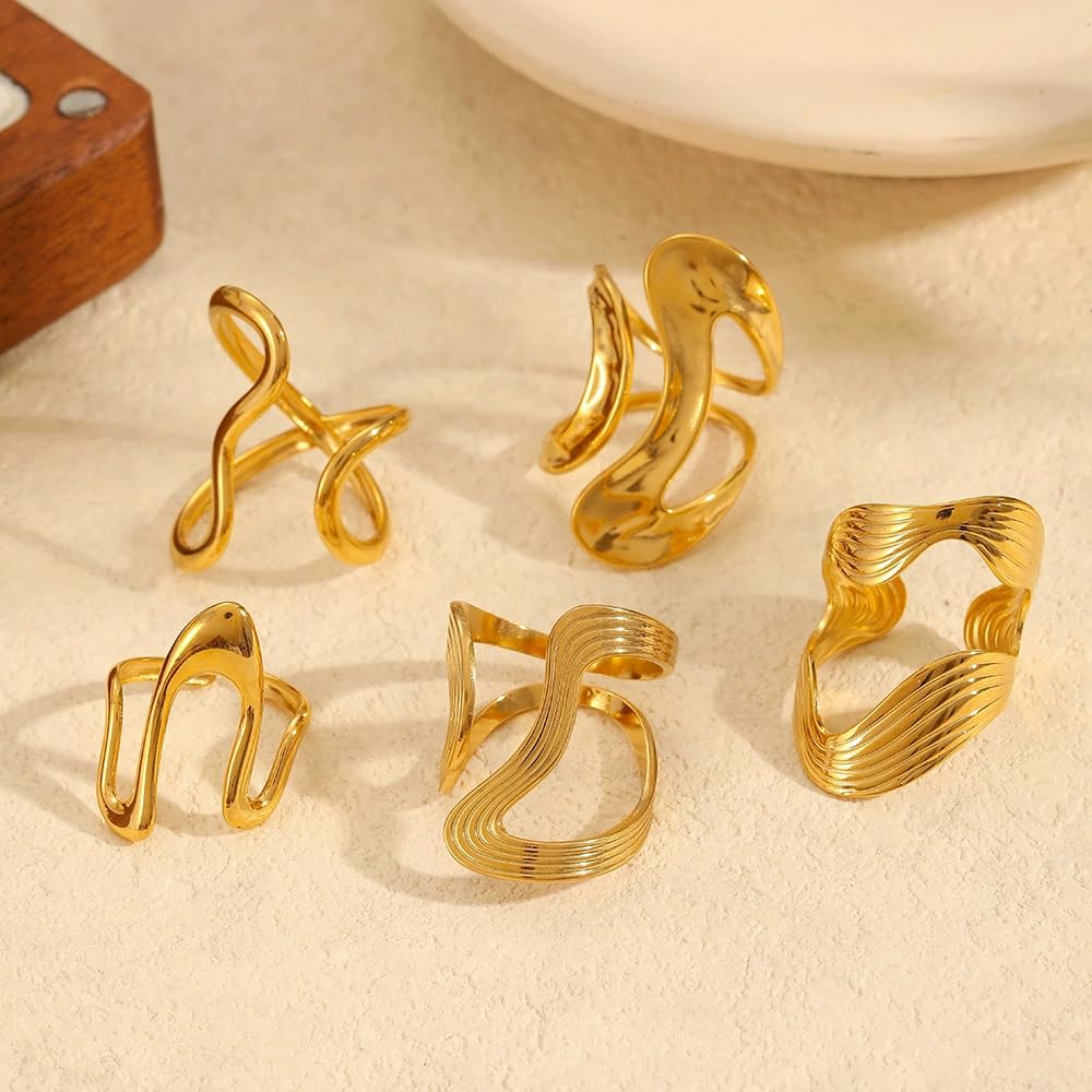 AIETUE Chunky Rings For Women, Gold Silver Thumb Ring Asymmetrical Wavy Curve Ring Adjustable Non Tarnish Dainty Stainless Steel New Year Anniversary Birthday Jewelry Gift (Trendy Gold #2)