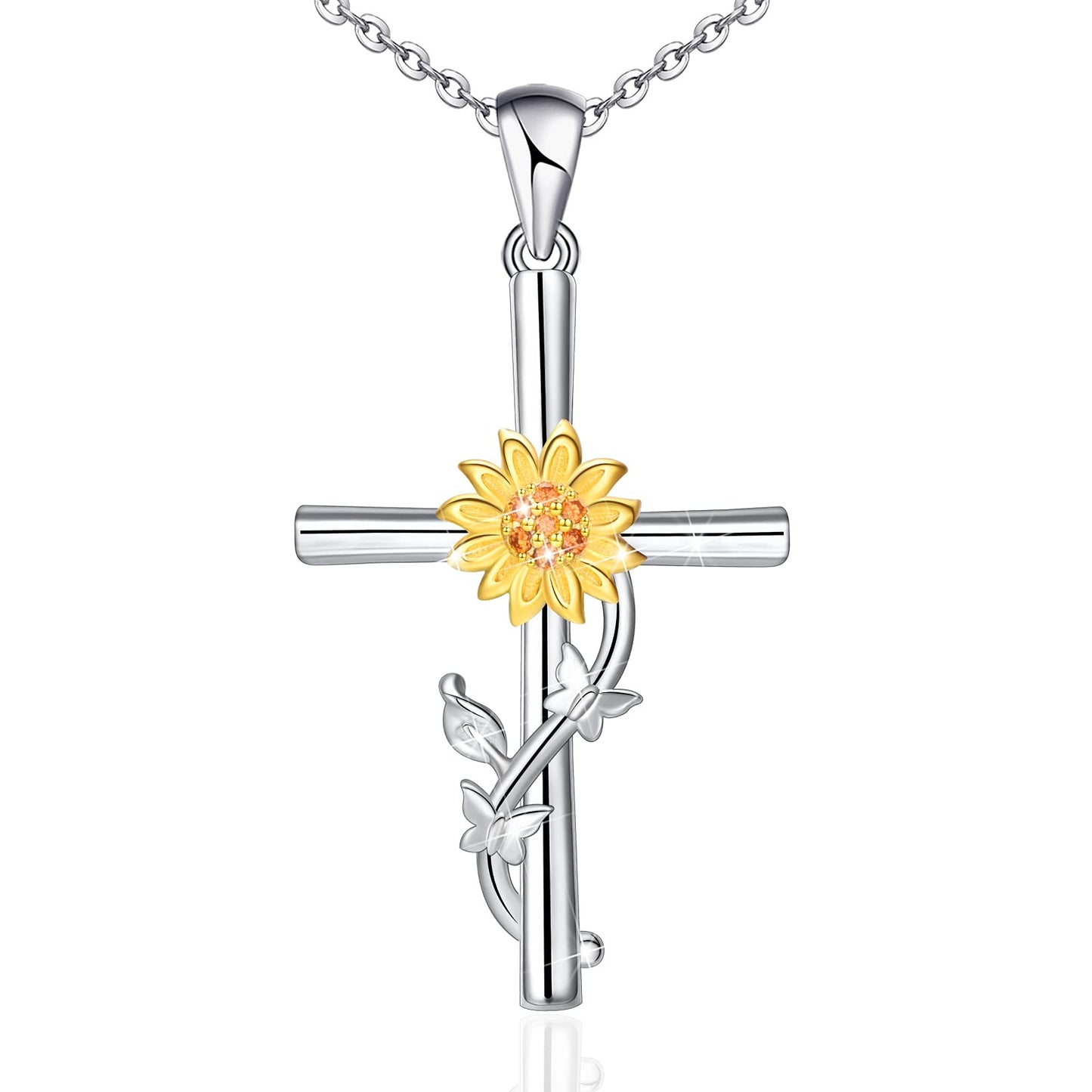 Distance Cross Necklace for Women 925 Sterling Silver Double Butterfly and Sunflower Pendant Necklace for Mom Wife Gift for Mother's Day or Birthday