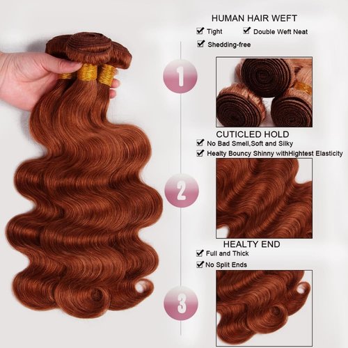 Giginger Bundles Human Hair 16 18 20 Inch Reddish Brown Body Wave Bundles Color 33 Human Hair Body Wave Unprocessed Quick Weave Soft Sewn In Hair Extensions for Black Women