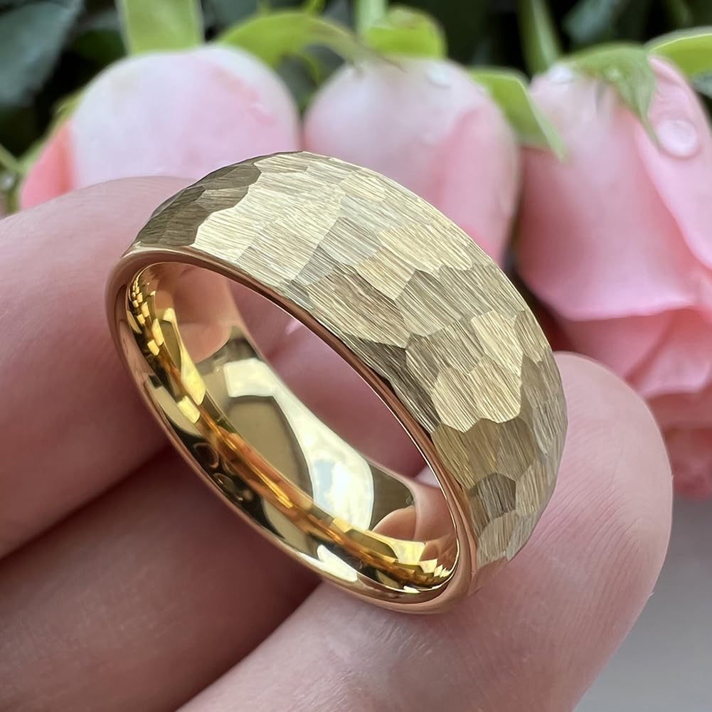 TUTISS 8mm Gold Hammered Tungsten Rings for Men Women Engagement Wedding Bands Domed Matte Finish Comfort Fit Size 6