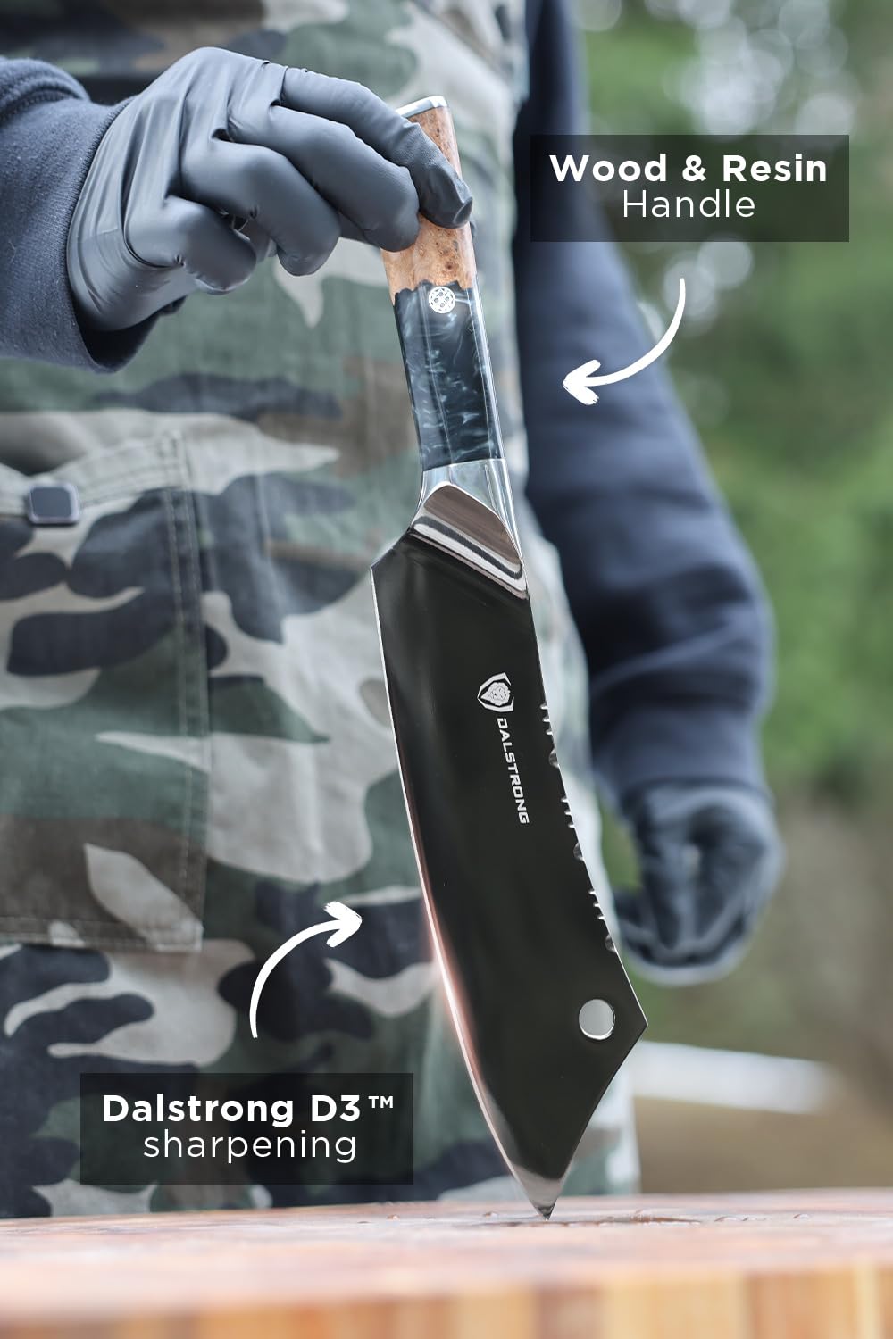 Dalstrong Chef & Cleaver Hybrid Knife - The 'Crixus' - 8 inch - 9CR18MOV HC Steel - Black Blade Titanium Coated - Resin & Wood Handle - Valhalla Series - Razor Sharp Chef's Knife - w/Leather Sheath