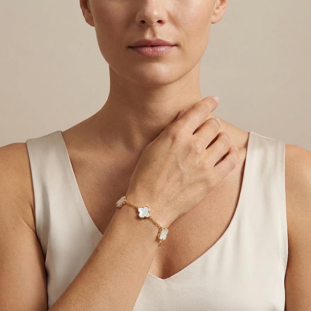 SHINYY Four Leaf Clover Bracelet for Women | 18K Gold Plated Cubic Zirconia Link Bracelet | 4 Leaf Lucky Jewelry Gift for Her (White Gold Simple)