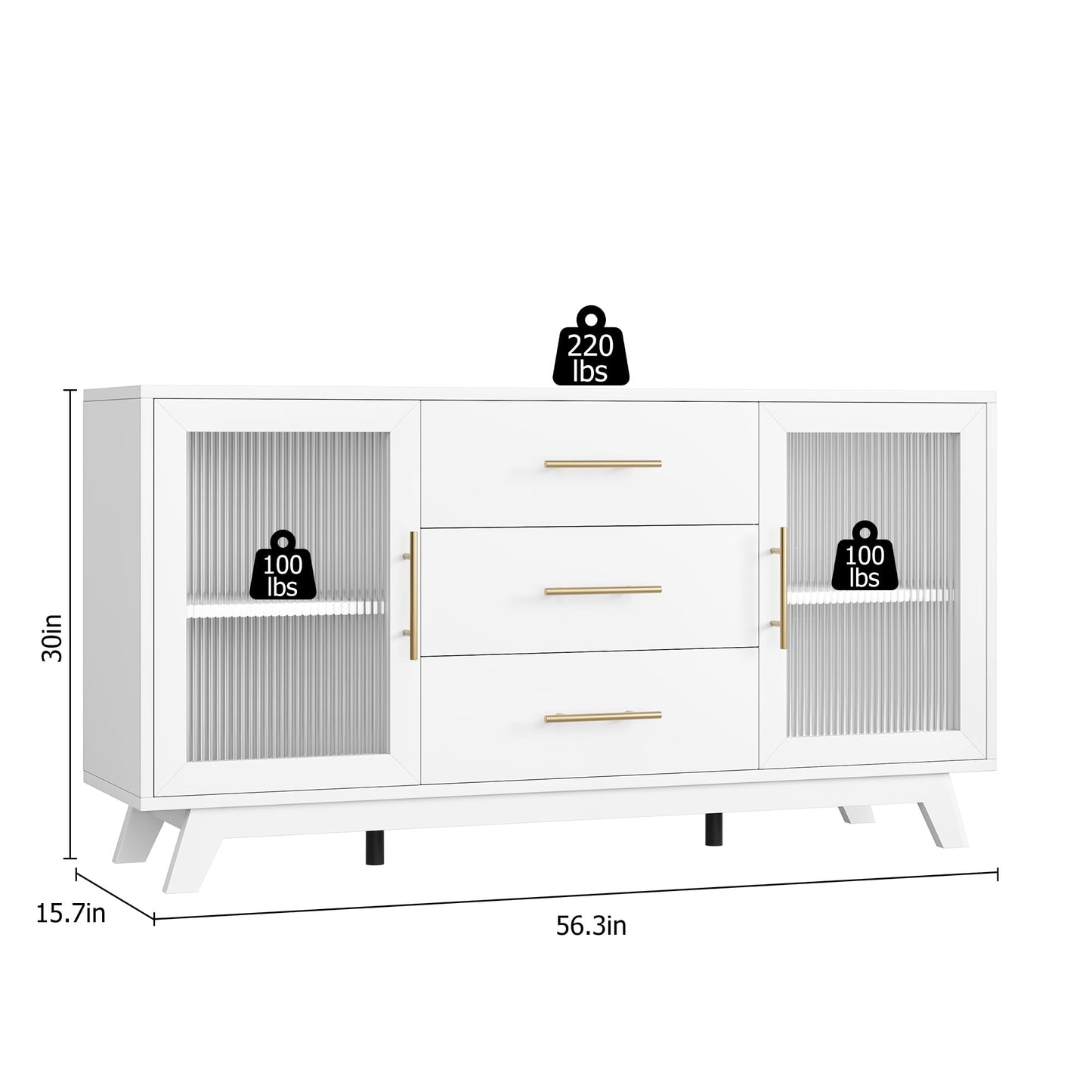 GAOMON Sideboard Buffet Cabinet with 2 Fluted Glass Doors, 56" Modern Coffee Bar Cabinet with 3 Large Drawers, White Long Storage Cabinet for Kitchen Dining Living Room, White Top