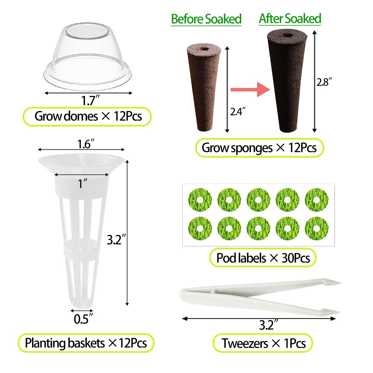 67 Seed Pod Kit for Aerogarden, Hydroponics Accessories for System Compatible with Hydroponics Supplies from All Brands, 12 Grow Sponges, 12 Grow Baskets, 12 Domes, 30 Pod Labels, 1 Tweezer (67 Pcs)