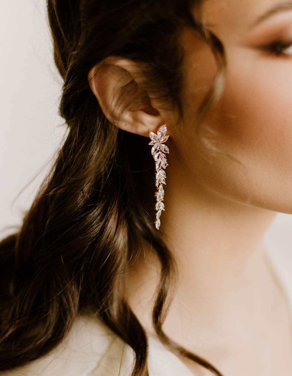SWEETV Rose Gold Marquise Cubic Zirconia Wedding Earrings for Women Brides, Crystal Chandelier Bridal Drop Earrings for Prom Pageant